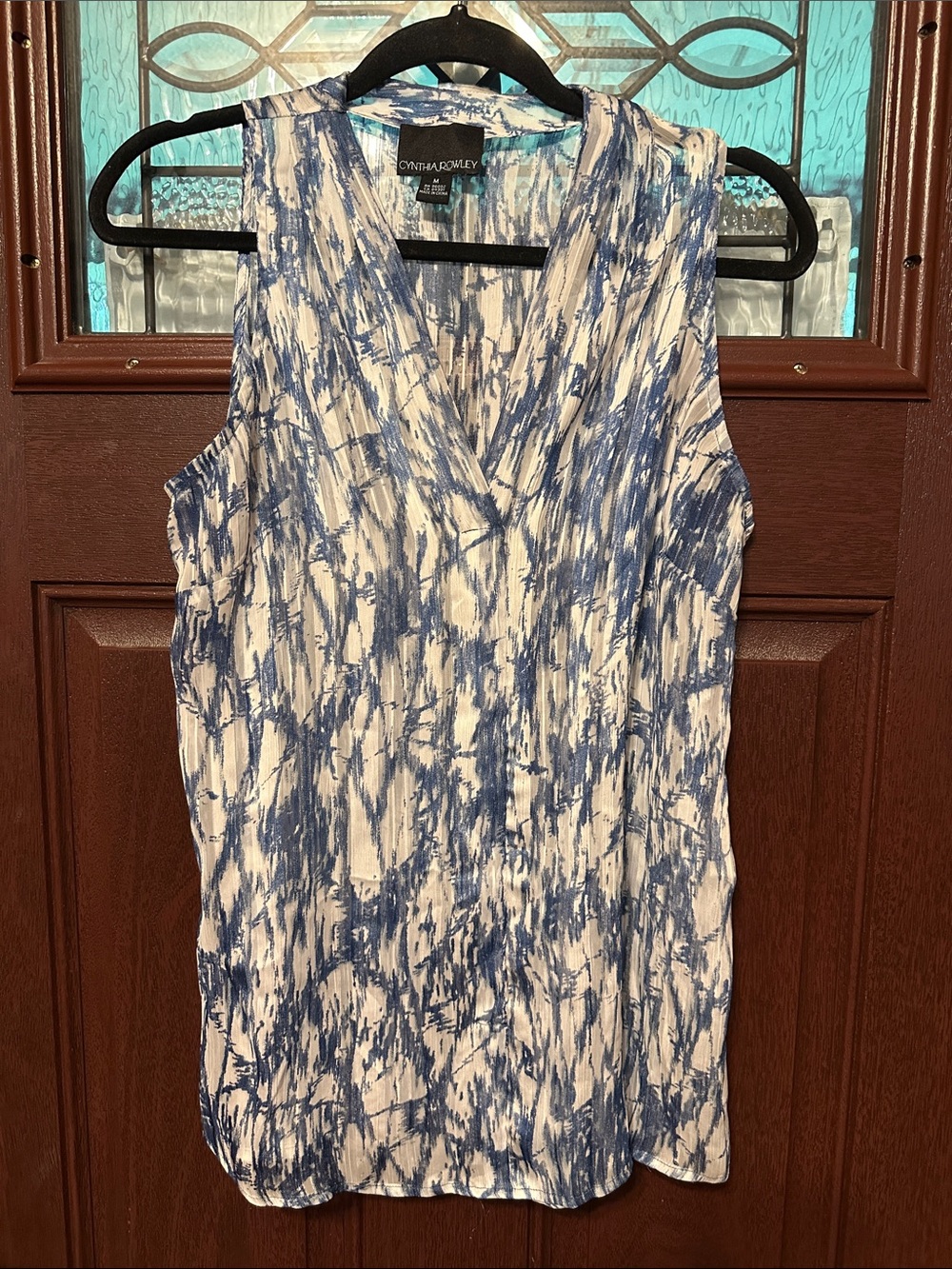 Cynthia Rowley Blue & White Abstract V-Neck Sleeveless Camisole
